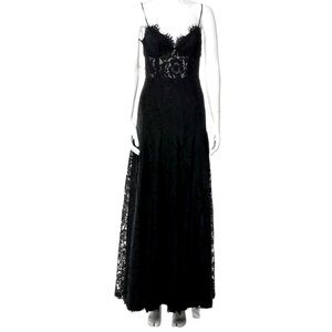 Fame and Partners black long lace gown evening dress v neck sheer waist panel 6